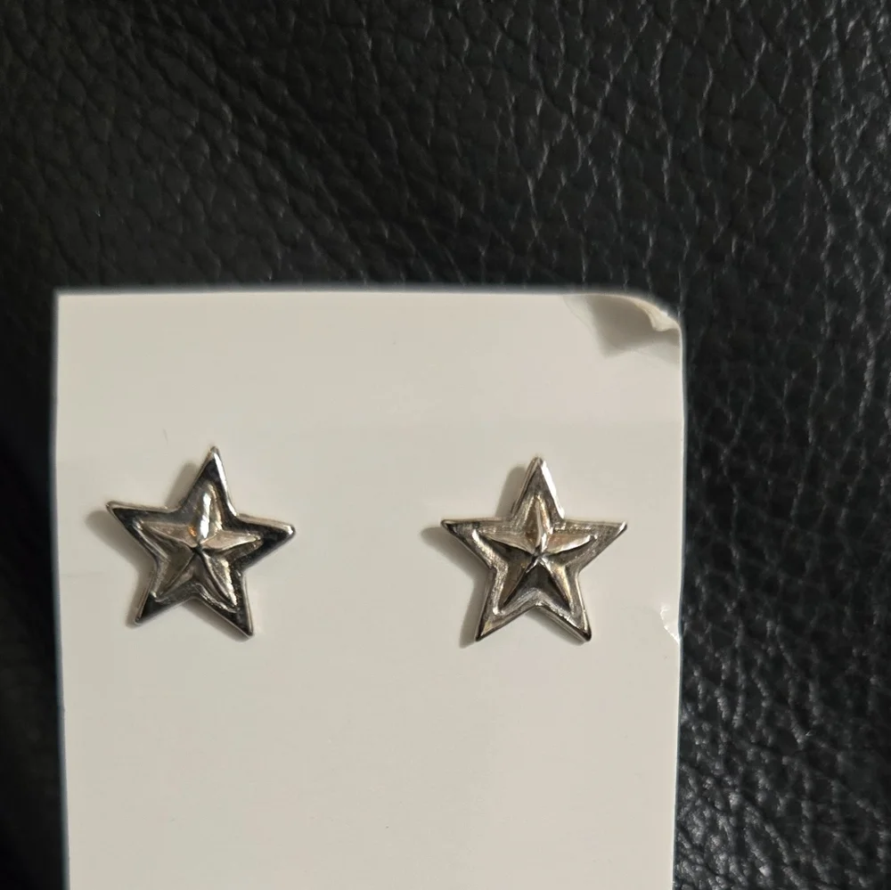 Sterling Silver Double Star Earrings Studs - Picture 2 of 5